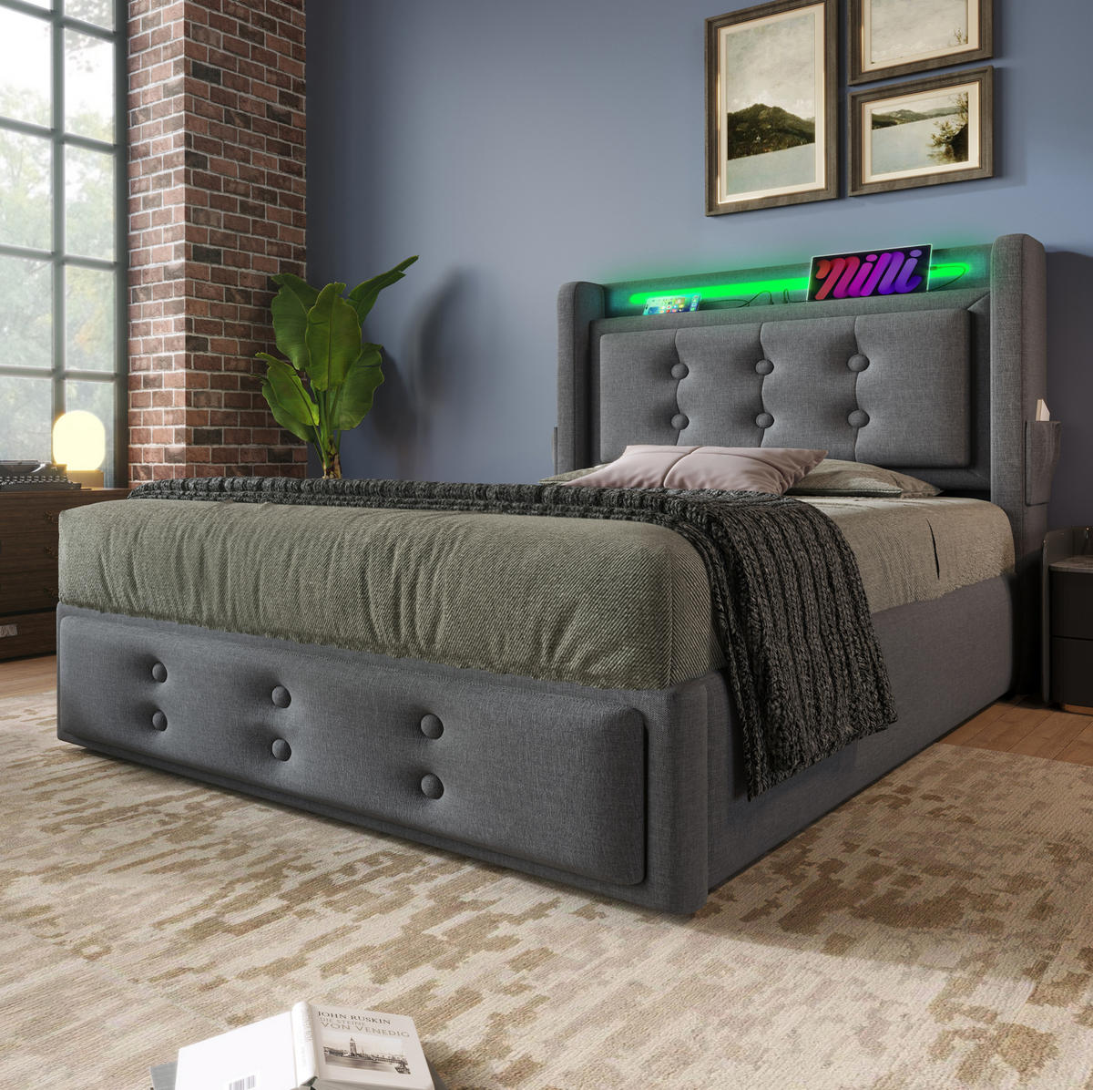 POLSTERBETT 90/200 cm Grau mit Stauraum, LED-Beleuchtung und USB- und Type-C-Anschlüssen - Grau, Textil (90/200cm) - Flora Grace