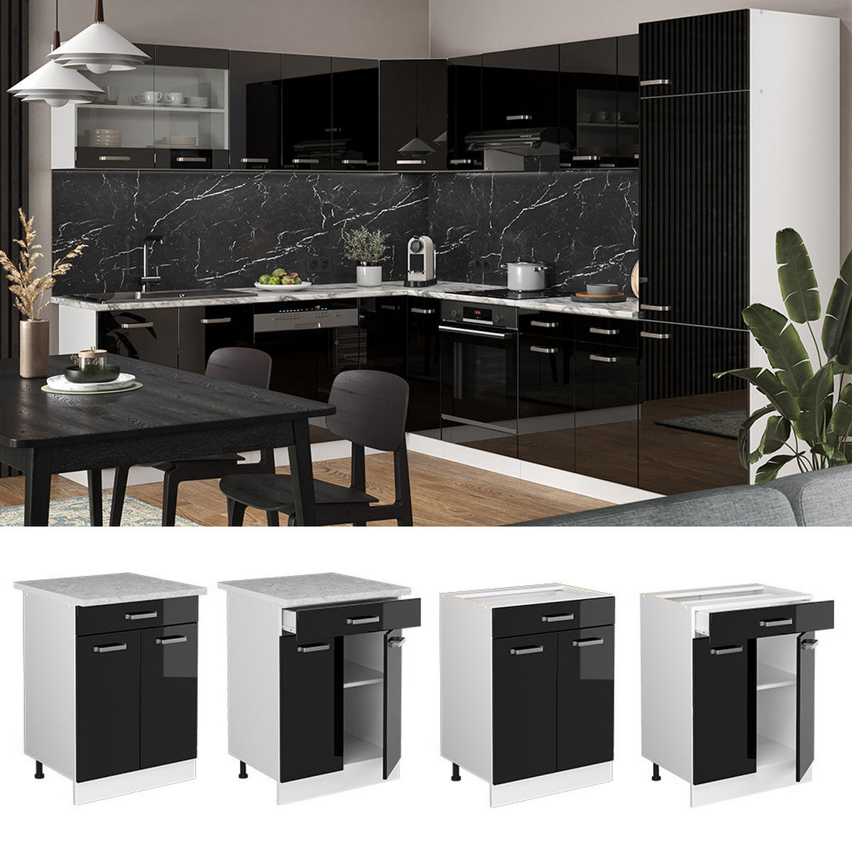 KÜCHENUNTERSCHRANK R-Line Schwarz Hochglanz 60 cm mit Schublade AP Anthrazit - Schwarz Hochglanz/Schwarz, Holzwerkstoff (60/81.6/60cm) - Vicco