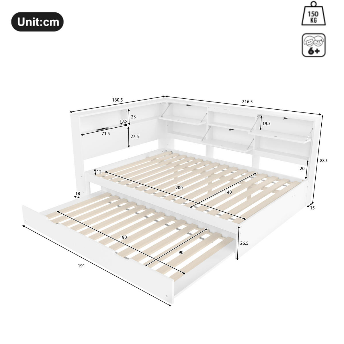 TAGESBETT 140/200 cm mit Ausziehbett, Stauraum-Kopfteil und USB-/USB-C-Anschluss, Weiß - Weiß, Holzwerkstoff (140/200cm) - Redom