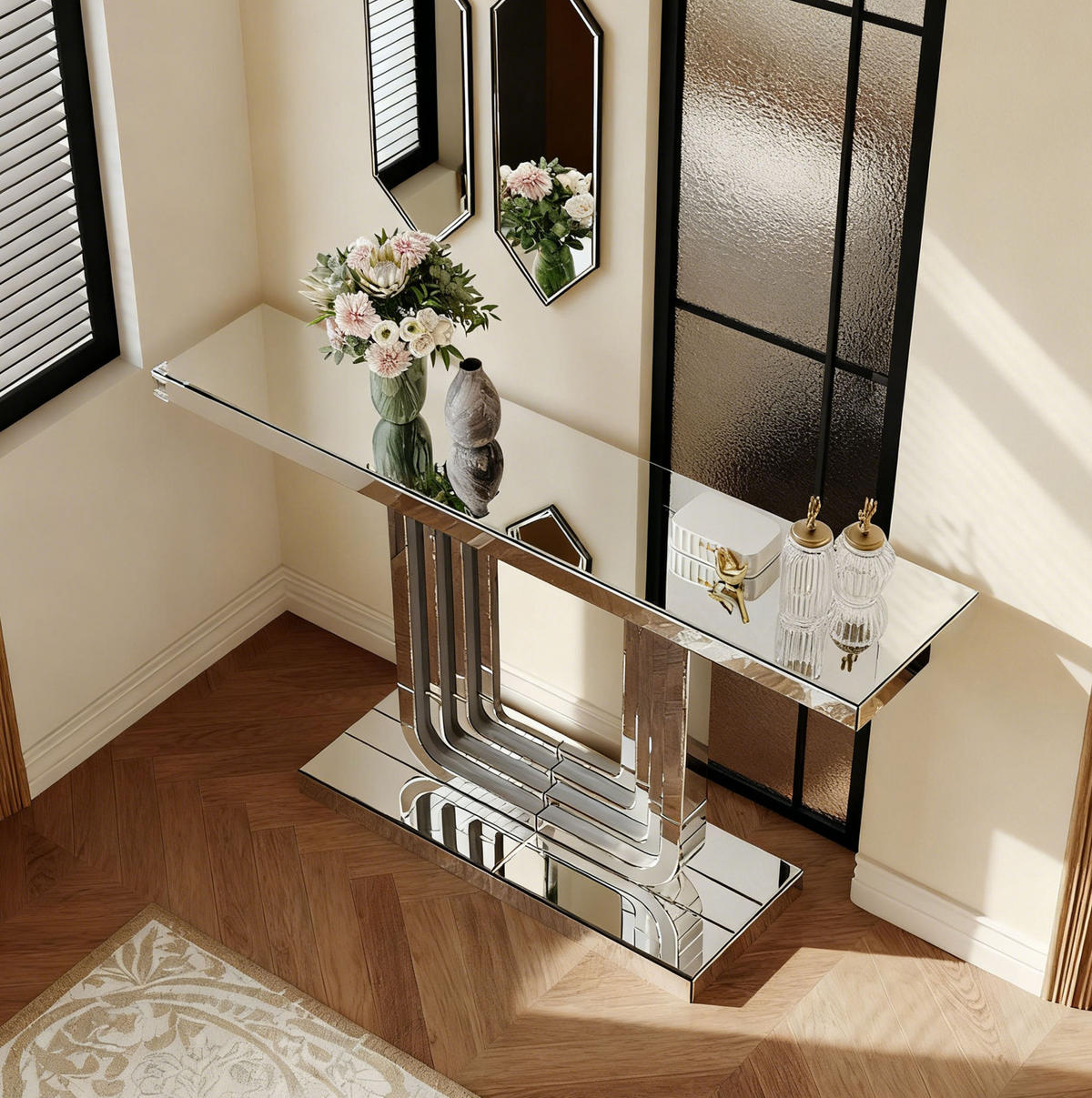 KONZOLOVÝ stolek ze skla a MDF 120x30x76 cm stříbrný se zrcadlovým povrchem a stabilní podnoží ve tvaru U - stříbrná, kompozitní dřevo (30/120/76cm) - Modfu