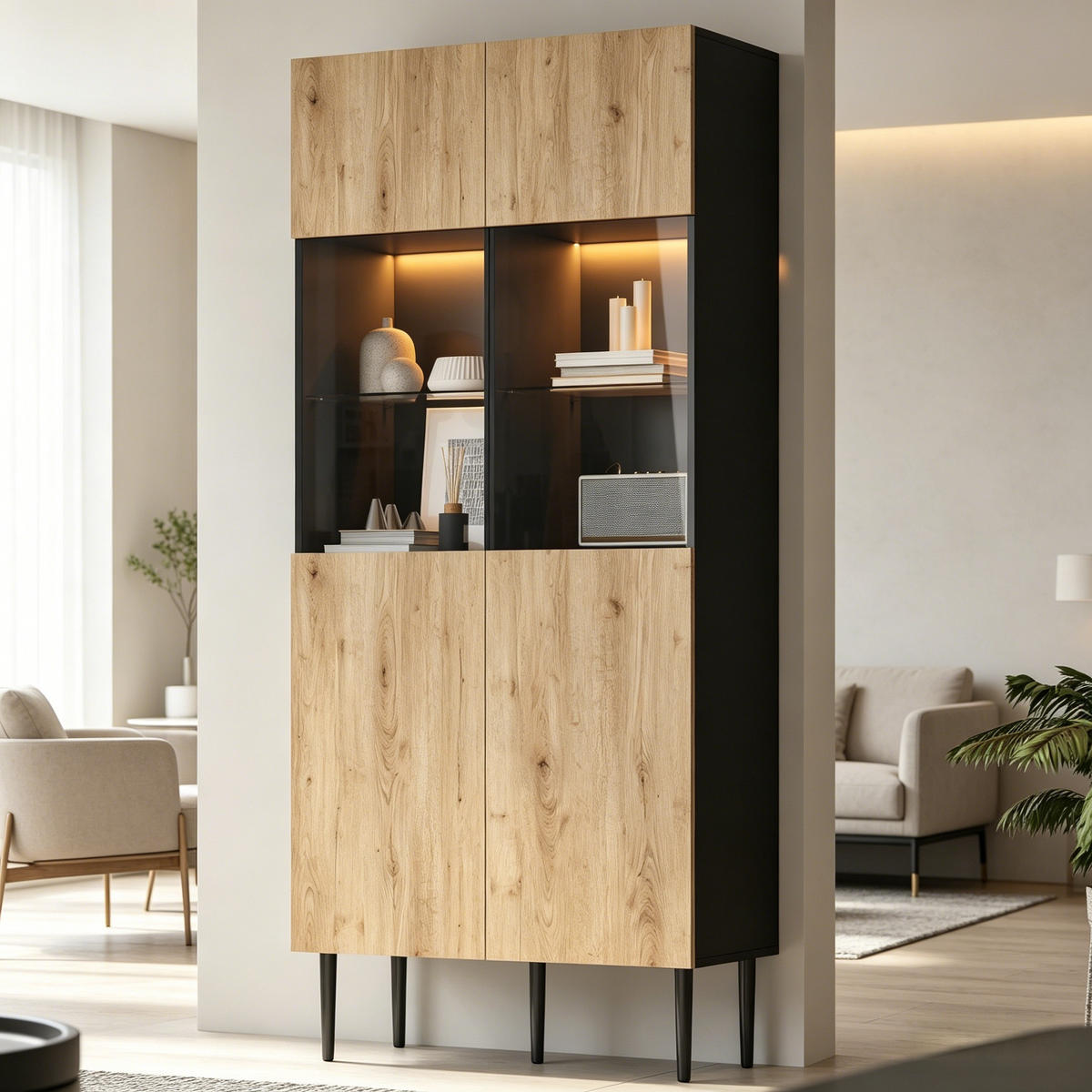 HIGHBOARD in Holzoptik Vitrine mit LED, 10 Staufächern und Glastüren, 80/35/180cm(B/H/T), fürs Wohnzimmer - Schwarz/Naturfarben, Glas/Holzwerkstoff (80/180/35cm) - STILVORA