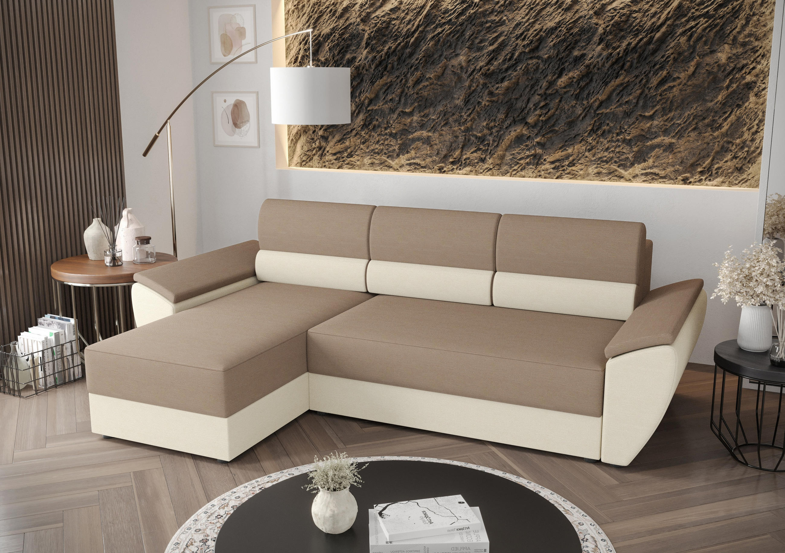 ECKSOFA L REBI L2 Rainbow 05/16 Links mit Schlaffunktion, Beige/Creme, L-Form - Beige/Creme, Textil (251/140cm)