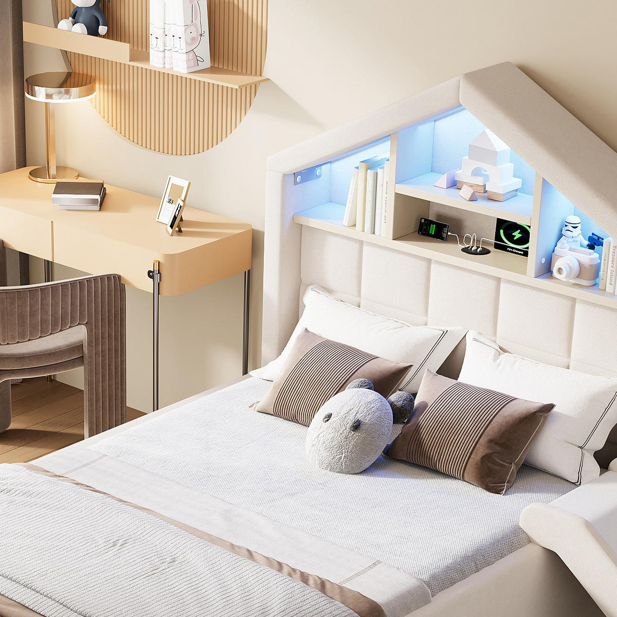 KINDERBETT-POLSTERBETT aus Samt 90x200 cm Beige mit LED-Beleuchtung, Ladeanschluss, Rutsche und Bettkasten - Beige, Textil (90/200cm) - Modfu