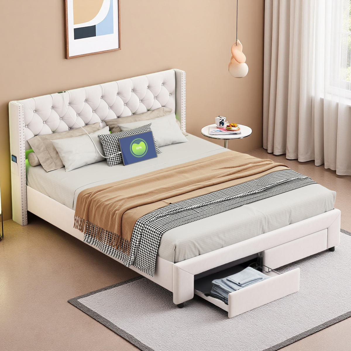 POLSTERBETT 160x200 cm LED USB Schubladen Lattenrost Samt beige - Beige, Holz (180/200cm) - Fortuna Lai