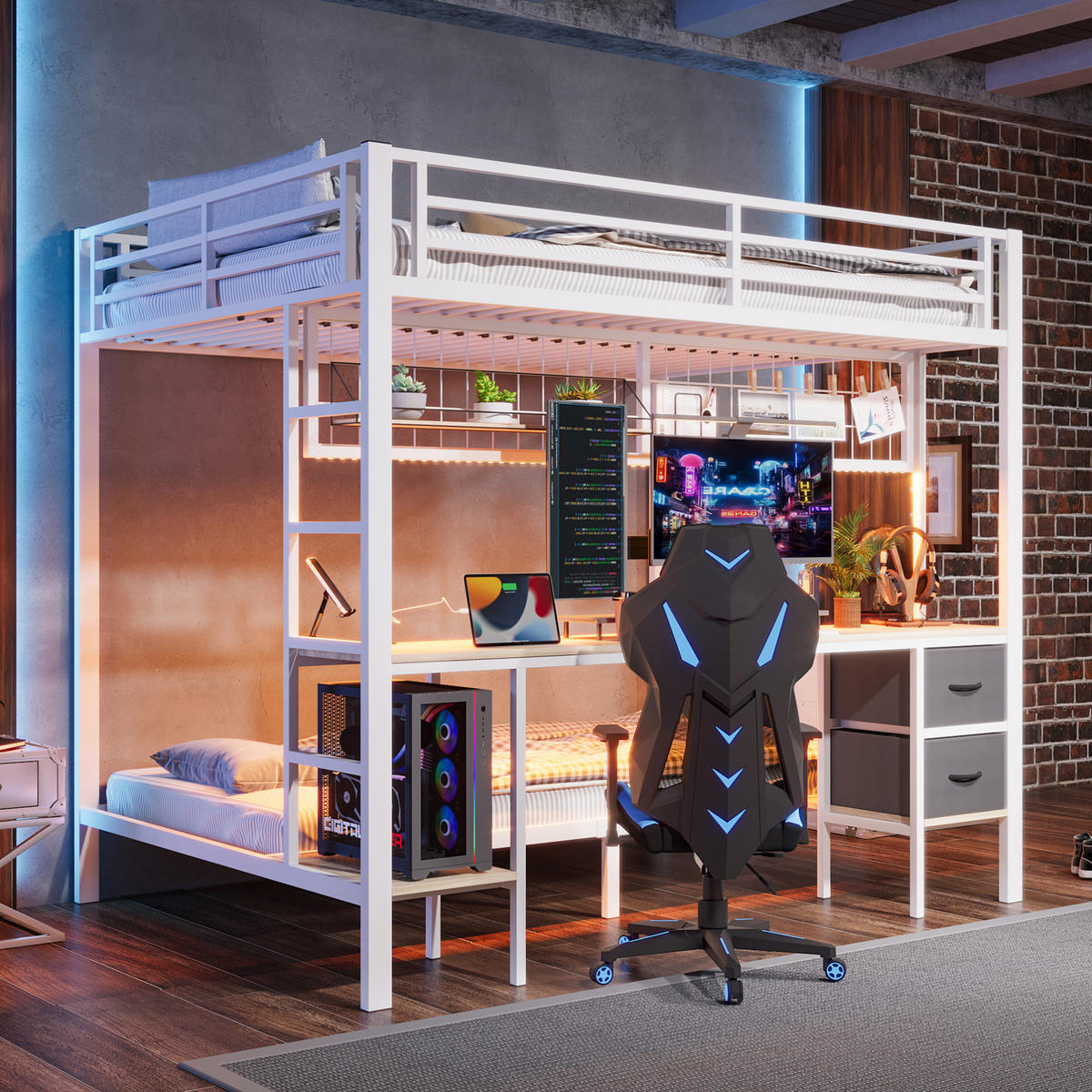 HOCHBETT 140/200 cm aus Metall mit Schreibtisch und LED-Beleuchtung - Weiß, Metall (140/200cm) - Flora Grace