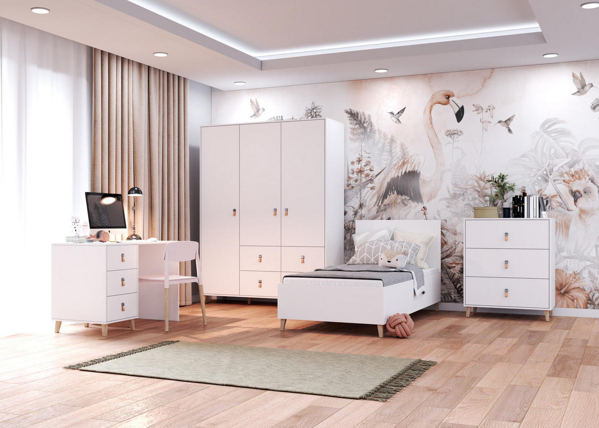 JUGENDZIMMER Svala 4 teilig in Weiß, Skandinavischer Stil, großer Kleiderschrank, Schreibtisch, Kommode 02, Jugendbett - Weiß, Holzwerkstoff (80/200/120cm)