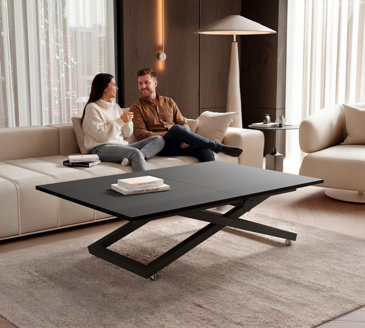 COUCHTISCH ARIA 120-160/80 cm, Höhenverstellbar, Schwarz - Schwarz, Holzwerkstoff/Metall (120/80/38cm) - Idohome