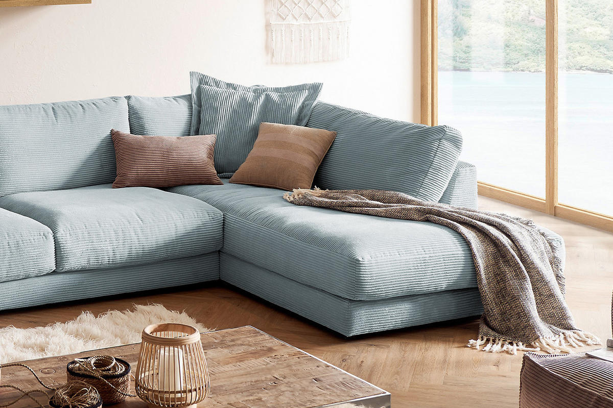 WOHNLANDSCHAFT MADELINE Hellblau Cord - Schwarz/Hellblau, Kunststoff/Textil (425/86/224cm) - KAWOLA