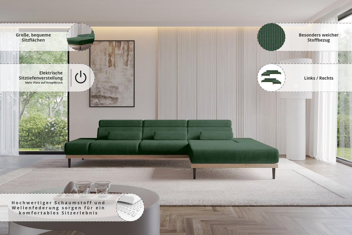 ELEKTRISCHES ECKSOFA Rechts MONA 316x205x85 Grün Cord - Salbeigrün/Grün, Holzwerkstoff/Textil (316/205cm) - ALTDECOR