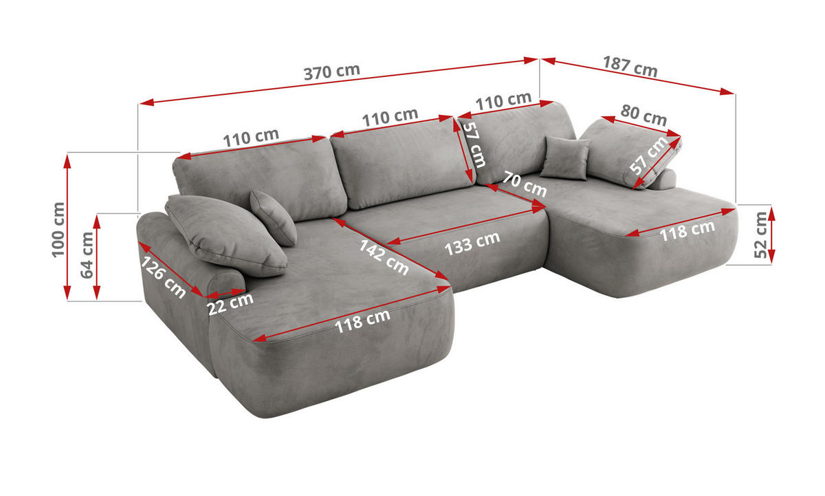 WOHNLANDSCHAFT CUBO U Hellgrau Velvet - Hellgrau/Schwarz, Kunststoff/Textil (370/100/187cm) - MKS