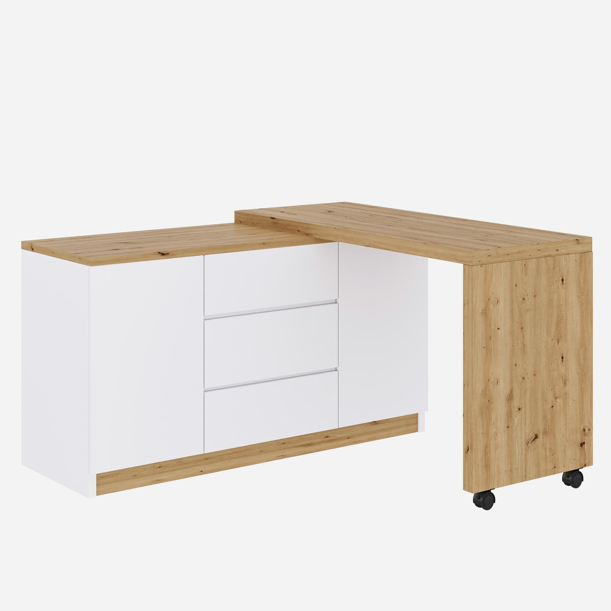 SCHREIBTISCH Rollen drehbar 4cm Tischplatte Weiß Eiche multifunktional - Weiß, Holzwerkstoff (120/50/76.5cm) - FLIEKS