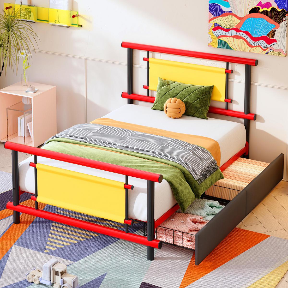 METALLBETT 90/200 cm Rot mit 2 Schubladen - Rot, Metall (90/200cm) - Oxeza