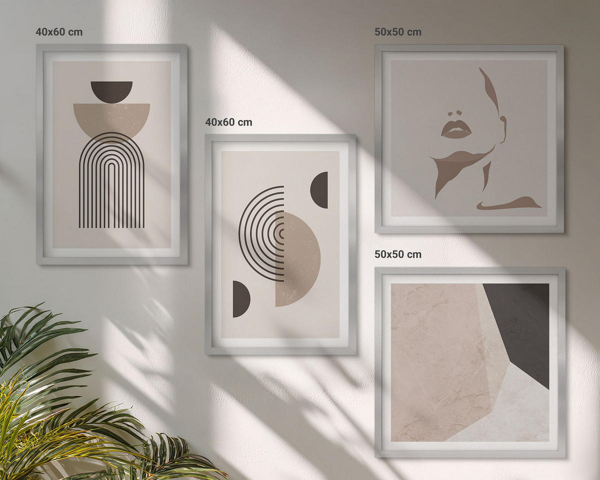 BILDER SET 4er Set - 50x50 cm & 40x60 cm Silberner Rahmen - Abstrakte Gesichtsformen - Silberfarben, Kunststoff (50/50cm) - TULUP