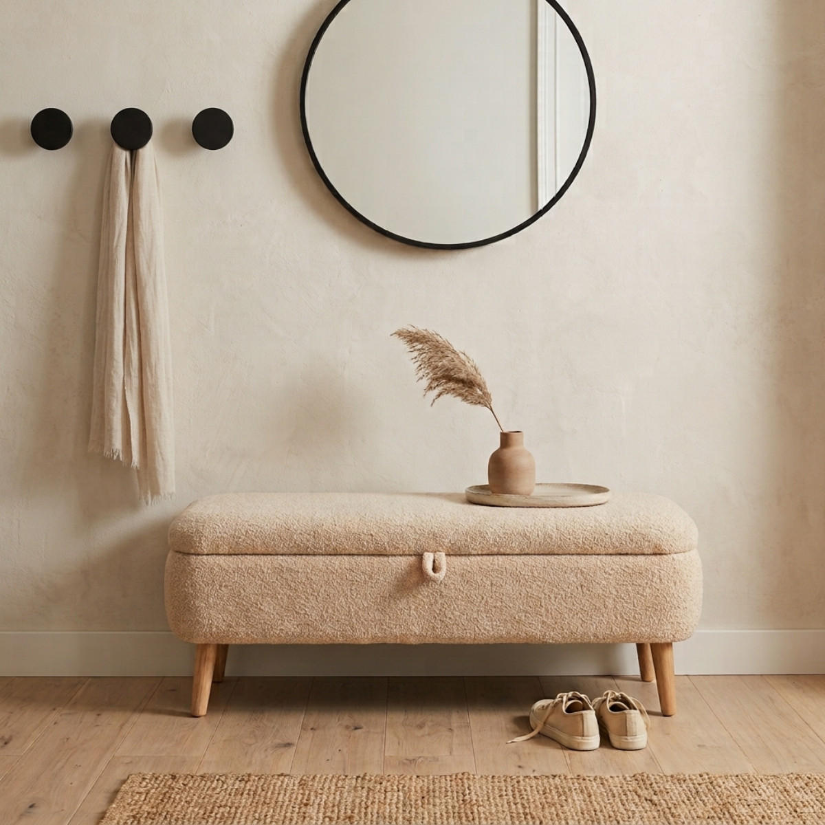 AUFBEWAHRUNGSBANK aus Bouclé-Stoff 30/45/90 cm - Beige, Holzwerkstoff (30/45/26cm) - Calicosy