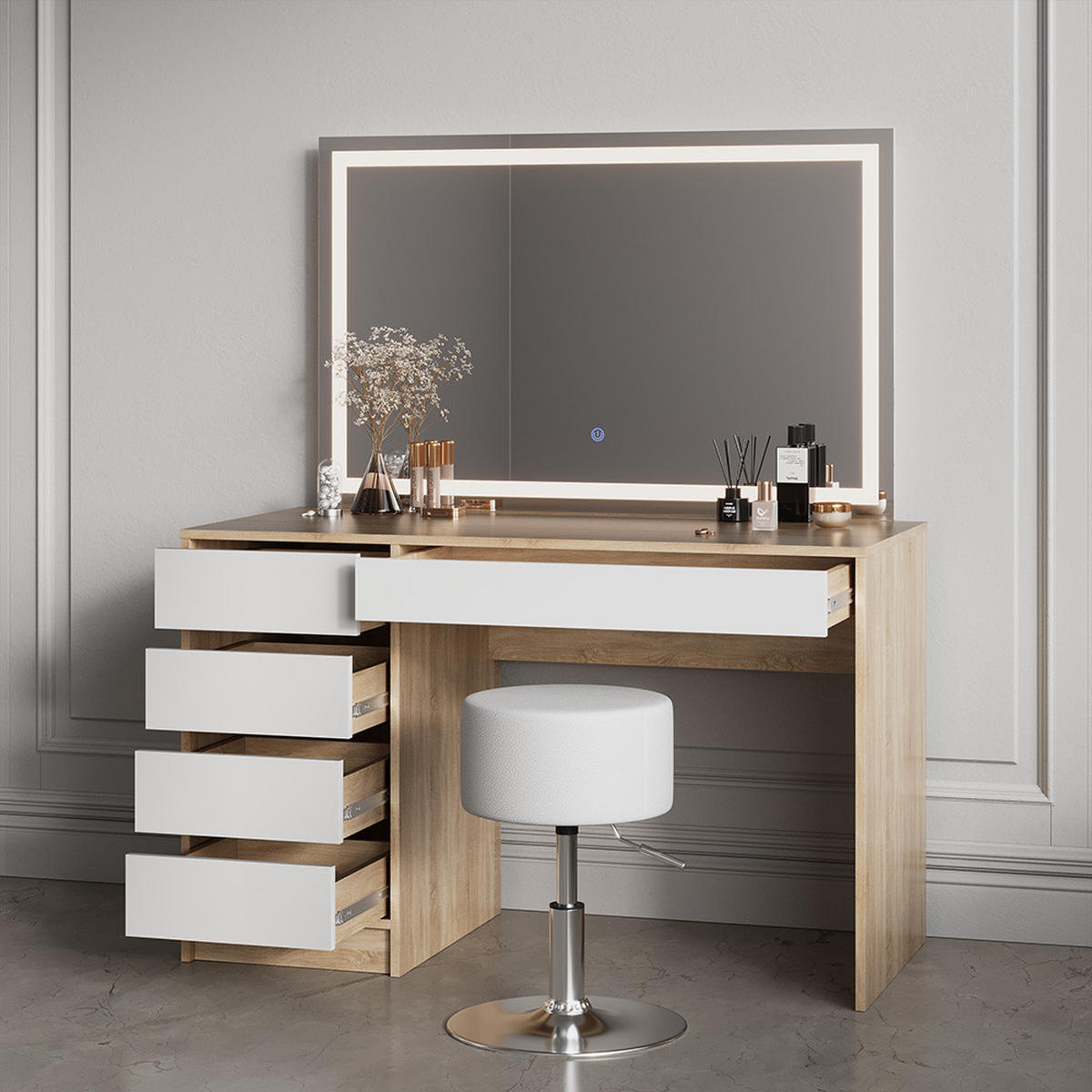 SCHMINKTISCH Imola Weiß/Sonoma mit LED-Spiegel und Hocker - Weiß/Sonoma Eiche, Holzwerkstoff (120/75/55cm) - Livinity®