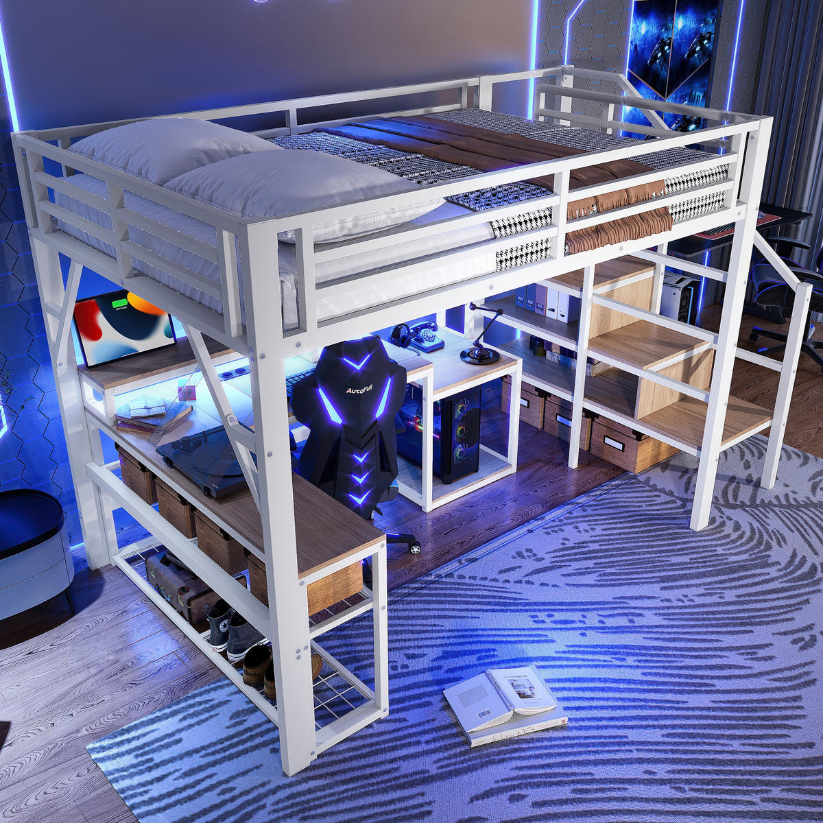 HOCHBETT 140x200cm Weiß Metall LED-Licht Schreibtisch USB - Weiß, Metall (140/200cm) - FLIEKS