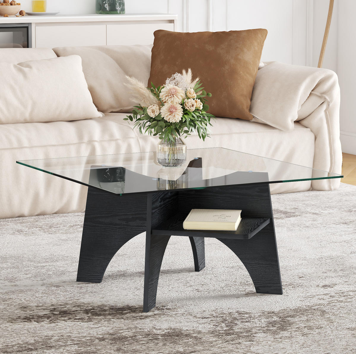 COUCHTISCH 80/80/40 cm mit Ablagefach und Sicherheitsglasplatte, MDF in schwarzer Holzoptik/Transparent - Schwarz, Holzwerkstoff (80/80/40cm) - Redom