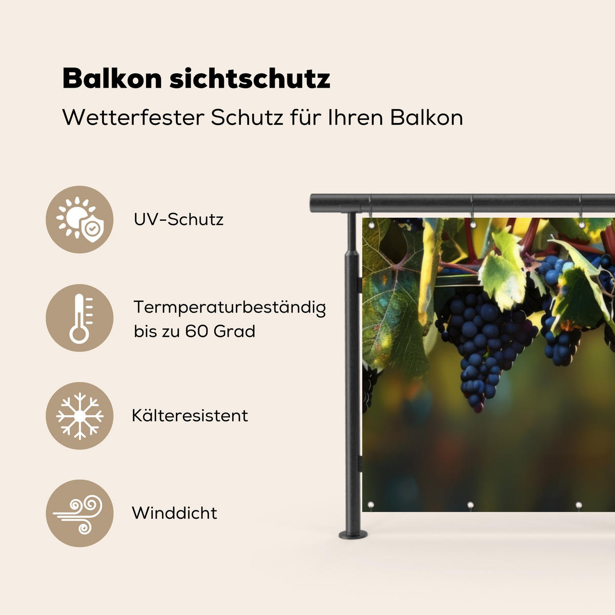 BALKON-SICHTSCHUTZ Trauben - Wein - Natur - Grün - Weinrot, Kunststoff (300/110cm) - MuchoWow