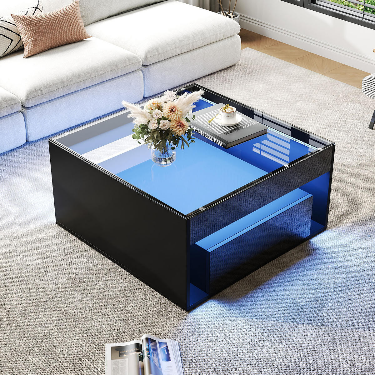 COUCHTISCH in Schwarz Kaffeetisch mit 2 Schubladen, LED & gehärtetem Glas, Hochglanz, für Wohnzimmer, B70/T70/H35cm - Schwarz, Glas/Holzwerkstoff (70/70/35cm) - STILVORA