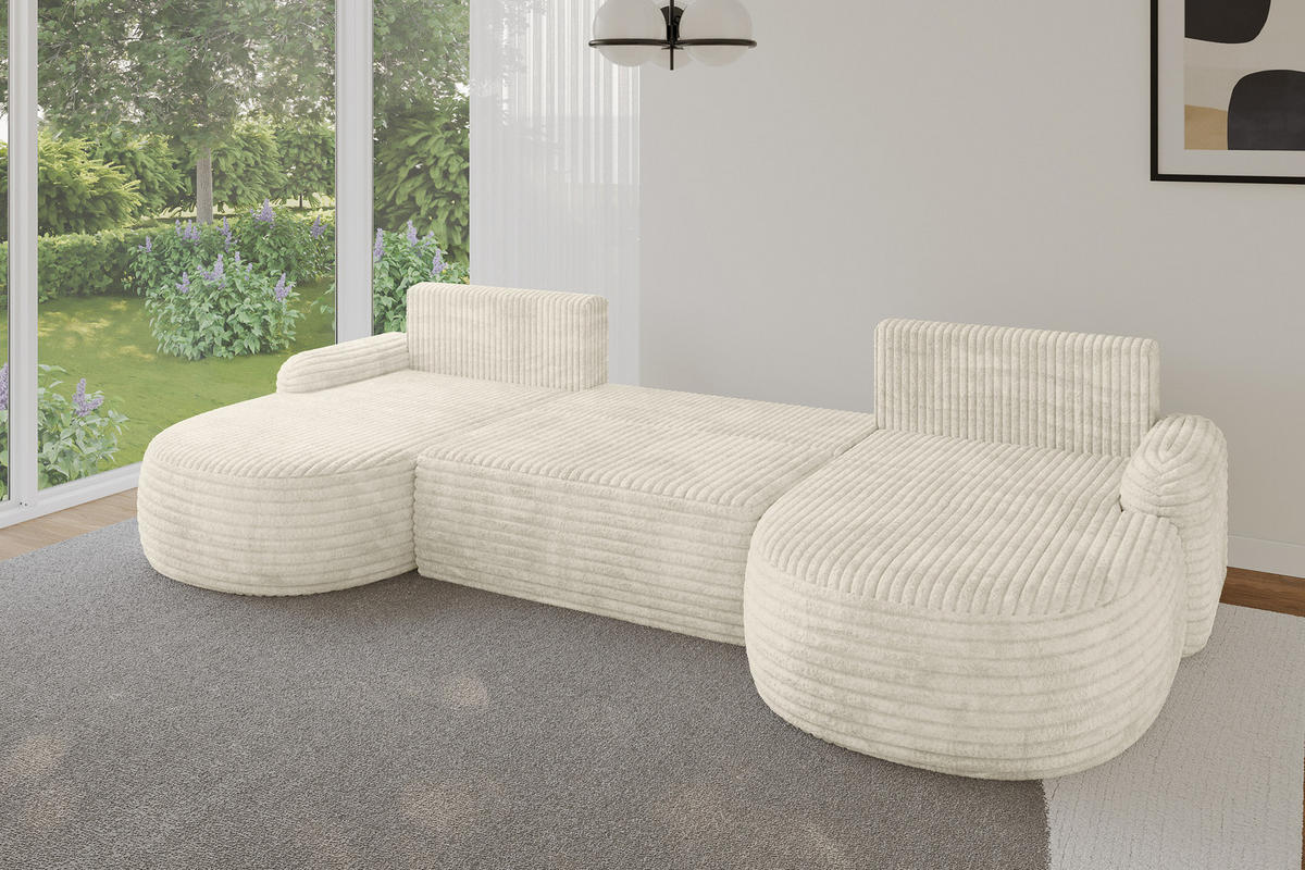 WOHNLANDSCHAFT mit Schlaffunktion und Bettkasten LIRA-U - 335x172x89 Creme - Ecru, Holzwerkstoff/Textil (335/89/172cm) - ALTDECOR