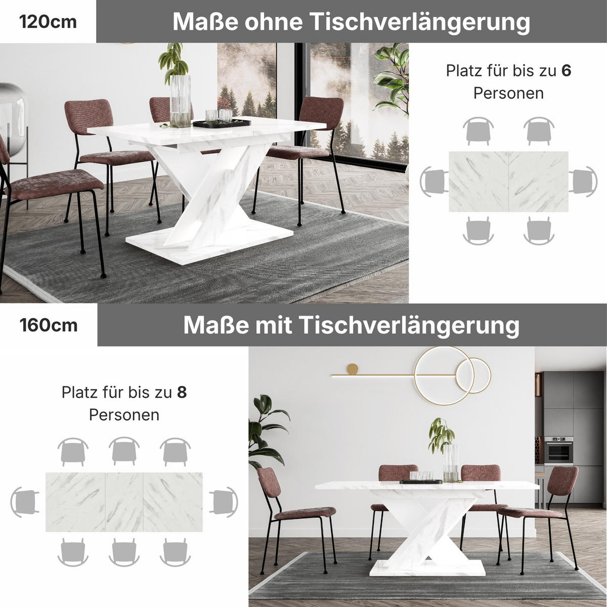 ESSTISCH Ausziehbar von 140 bis 180 cm in Weißen Marmor-Optik - Weiß Hochglanz, Holzwerkstoff (80/180/75cm) - Home Collective