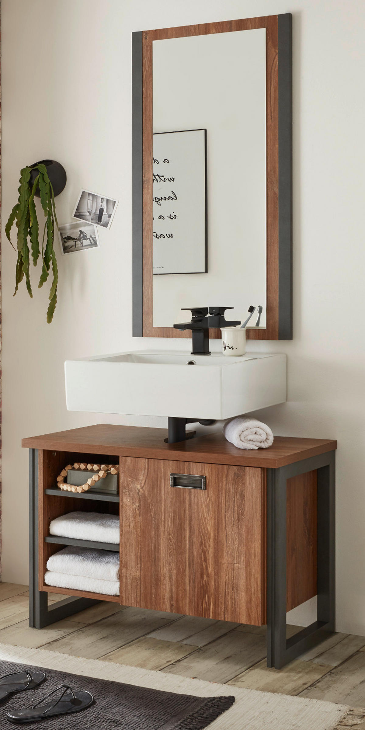 BADMÖBEL-SET 2-teilig Eiche Stirling, Matera grau, Badkombination Waschbeckenunterschrank, Spiegel 81 x 205 cm - Eichefarben/Grau, Holzwerkstoff (81/205/40cm)