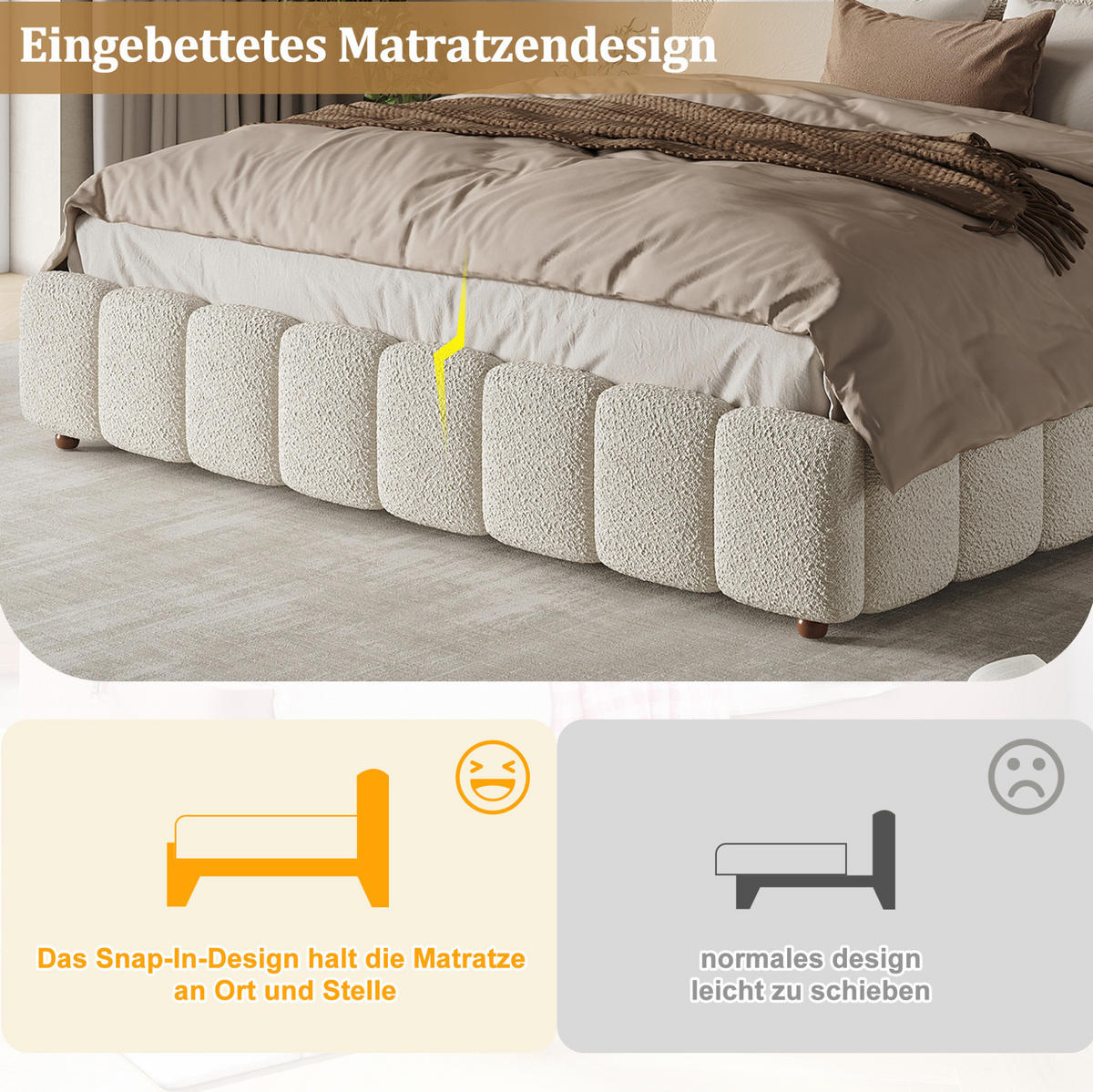 POLSTERBETT mit Bettkasten Bouclé Weiß - Weiß, Metall (180/200cm) - Meubliv