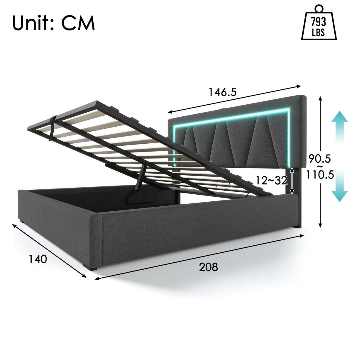 ČALÚNENÁ posteľ z ľanového materiálu 140x200 cm sivá/bežová s LED osvetlením, USB a úložným priestorom - sivá, textil (140/200cm) - Modfu