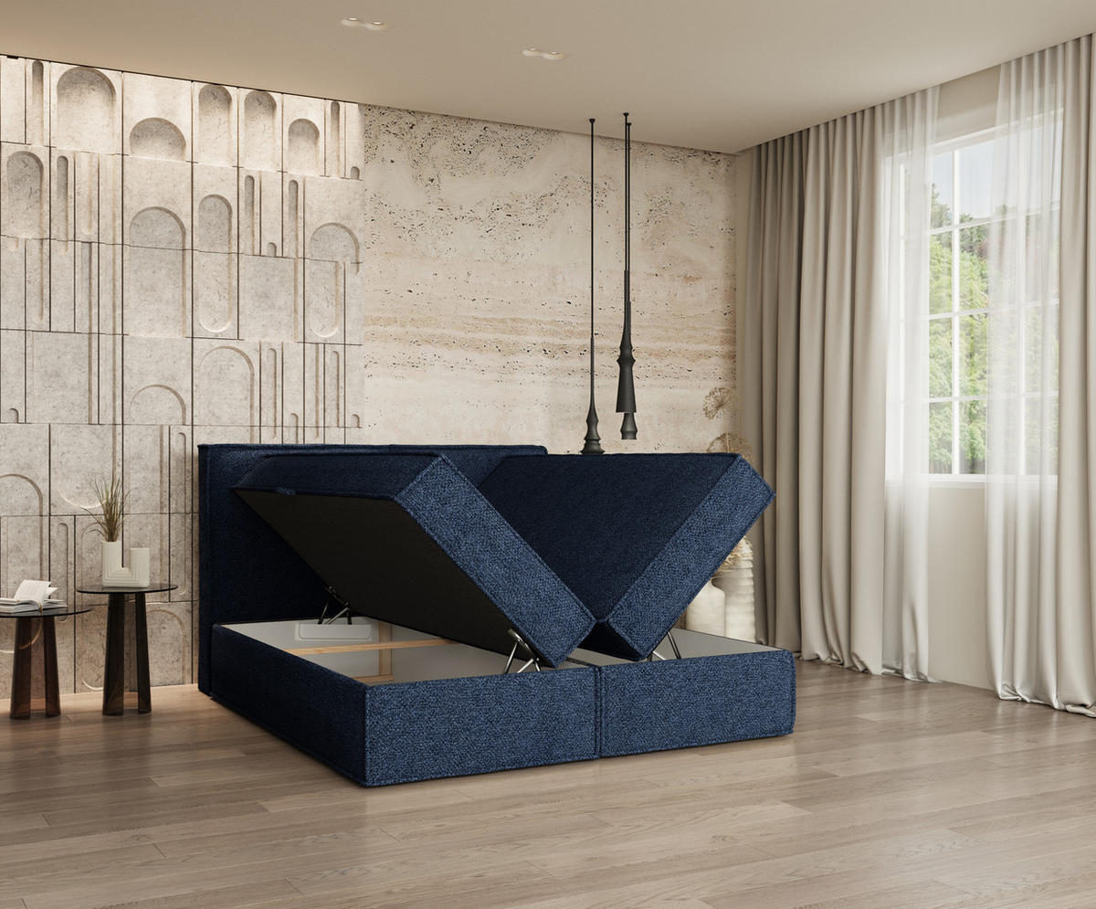 BOXBETT Bergen Marineblau 140/200 cm mit Matratze - Schwarz/Dunkelblau, Holz/Holzwerkstoff (140/200cm) - Maison de Reve