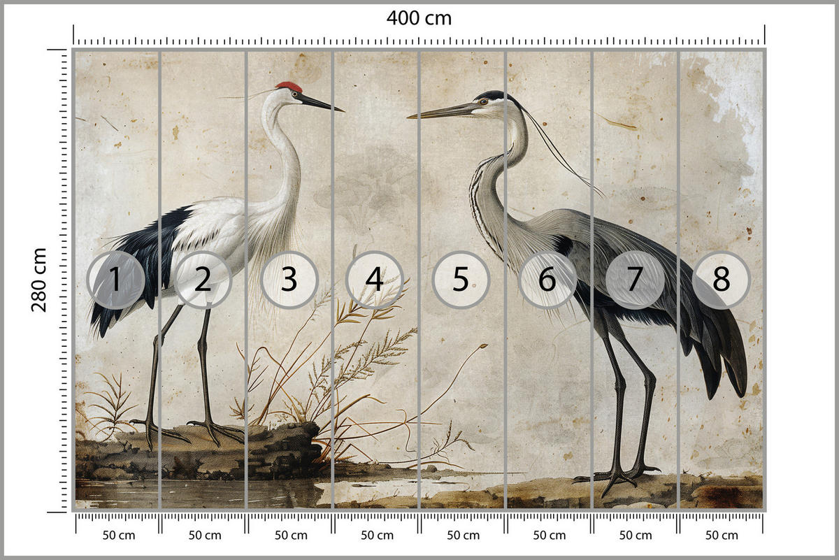 FOTOTAPETE Vögel Vögel Kranich Reiher Retro Stil 400x280 - Beige/Rot, Papier (400/280cm) - Muralo