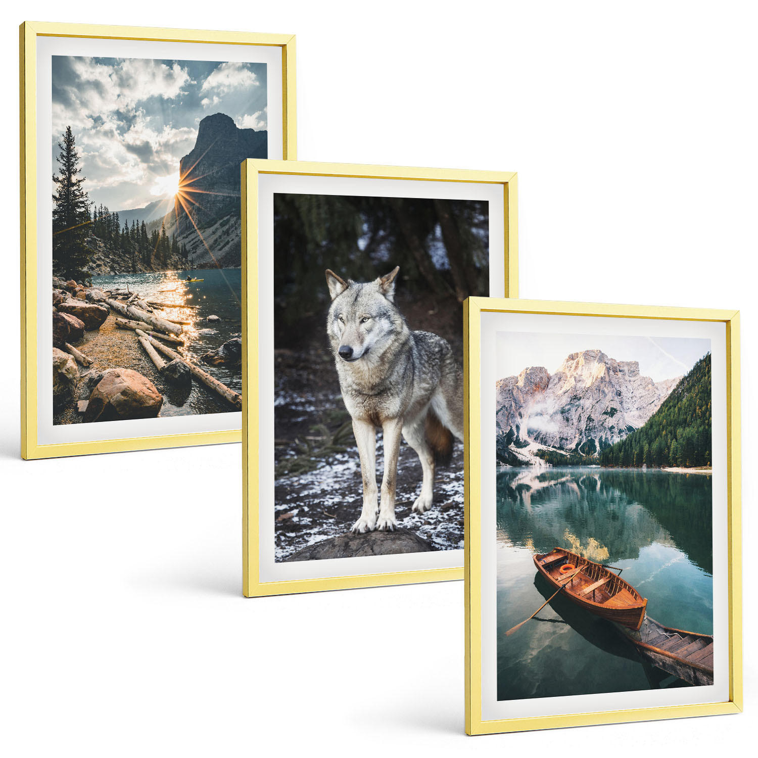 BILDER SET 3er Set - 40x60 cm Goldrahmen - Berge, Seen, Wölfe, Natur - Goldfarben, Kunststoff (40/60cm) - TULUP