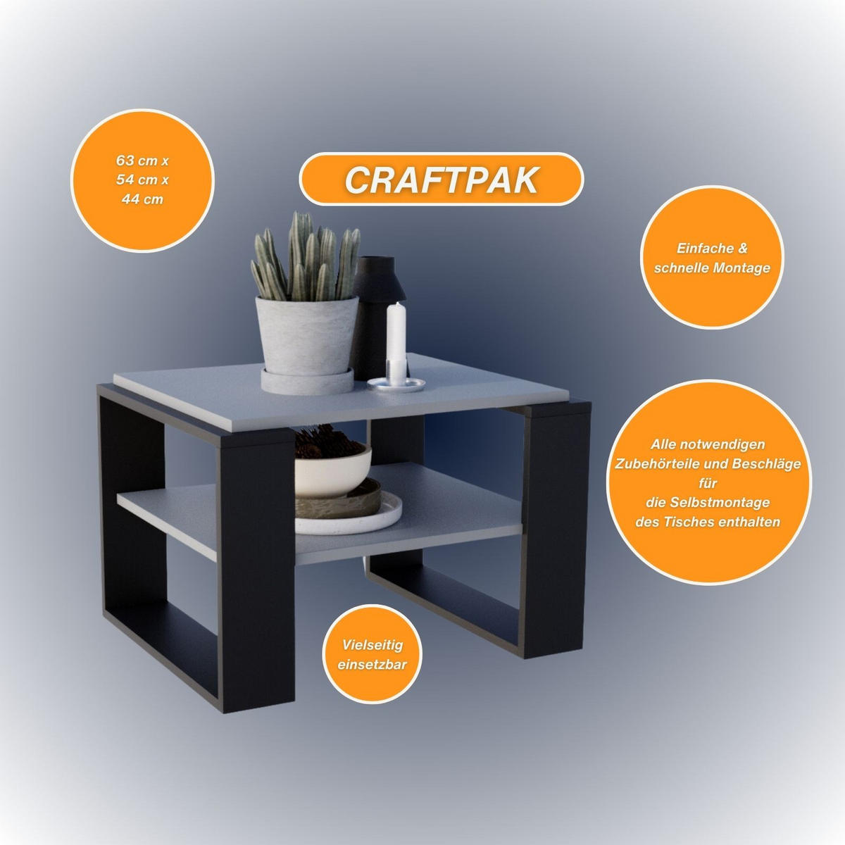 COUCHTISCH Holzwerkstoff rechteckig stabil Dunkelgrau 44/54/63cm - Dunkelgrau/Schwarz, Holzwerkstoff (54/63/44cm) - CraftPAK