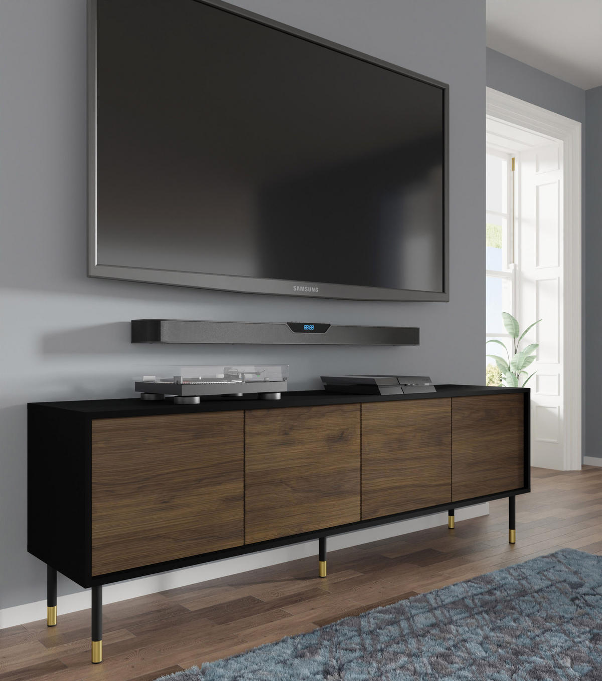 TV LOWBOARD Schwarz, Catania Eiche, Gold 180/60/40 - Schwarz, Holzwerkstoff (180/60/40cm) - RAUMHIRSCH FURNITURE
