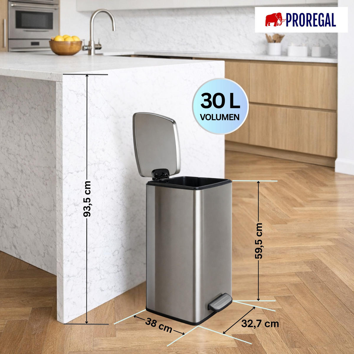 MÜLLEIMER 30 Liter mit Softclose & Fußpedal - Silberfarben, Metall (32.7/59.5/38cm) - PROREGAL