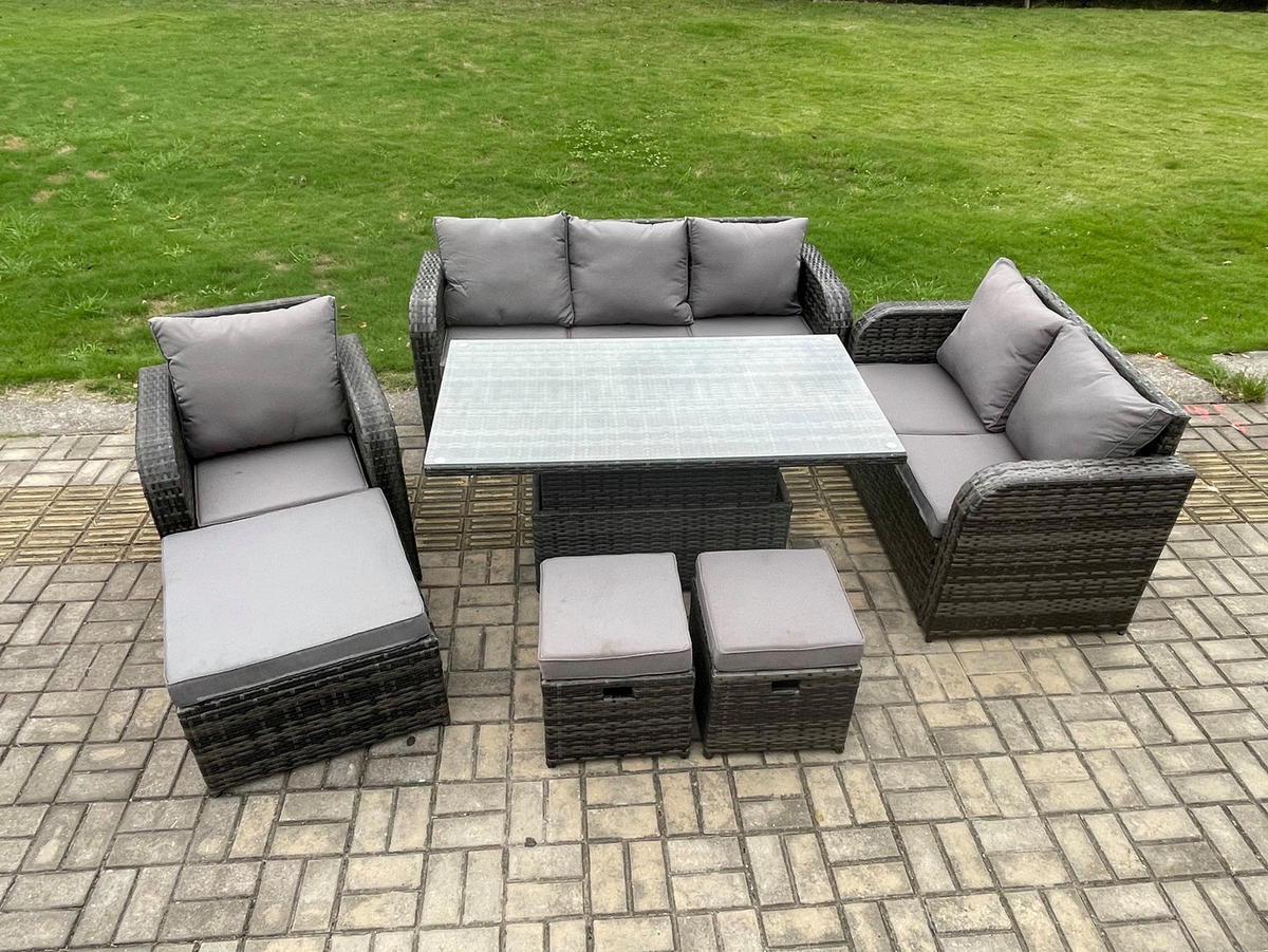 GARTENMÖBEL SET mit Höhenverstellbarer Esstisch 3-Sitzer Sofa, Stuhl 9-Sitzer Grau - Dunkelgrau/Grau, Glas/Kunststoff - Fimous
