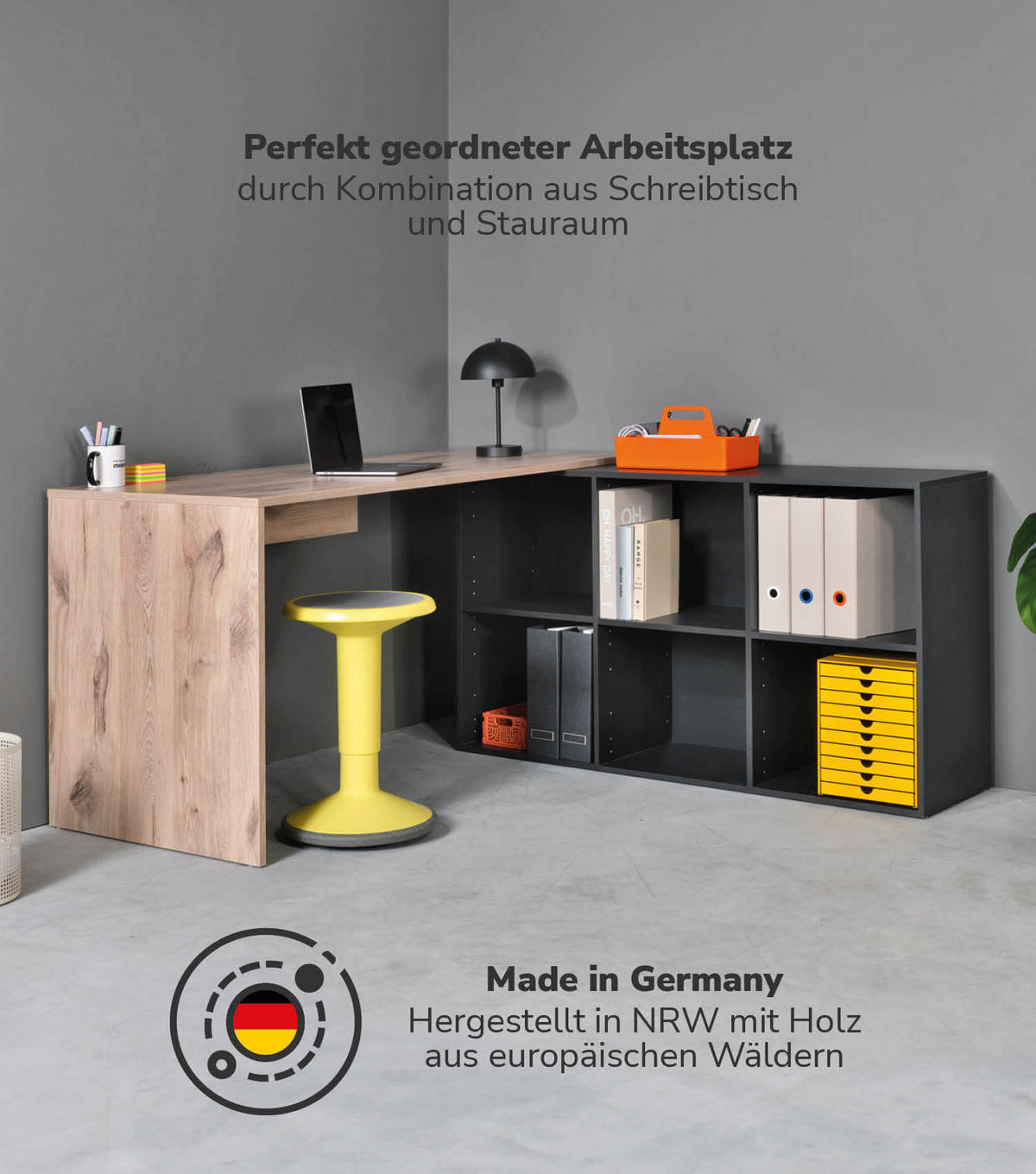 ECKSCHREIBTISCH Der Produktive - Eichefarben/Schwarz, Holzwerkstoff (65/145/77cm) - Mokebo