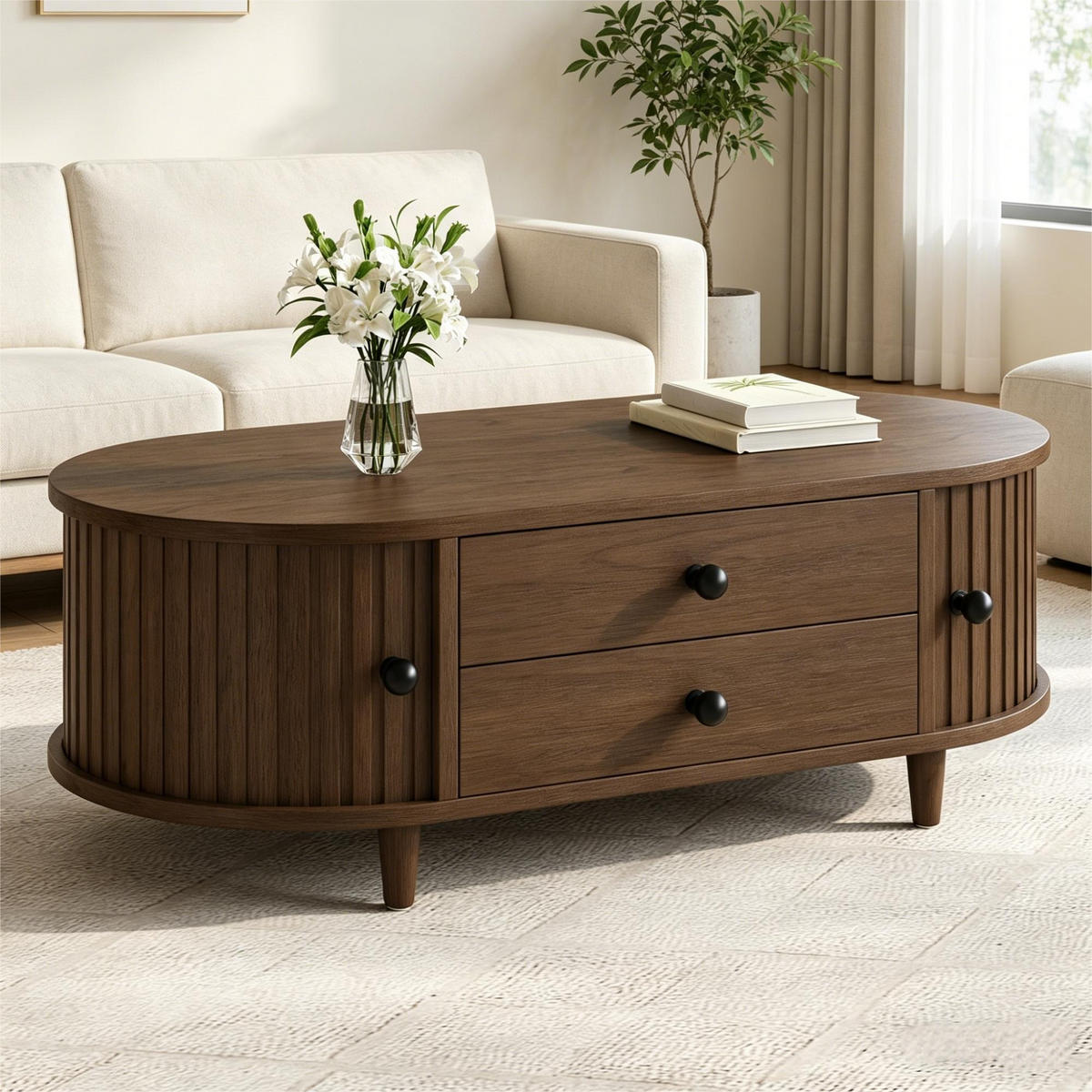 COUCHTISCH in Holzoptik Runder Kaffeetisch mit Rolltüren und Schubladen, Massivholzbeinen, 100/50/36 cm - Dunkelbraun, Holzwerkstoff (50/100/36cm) - STILVORA