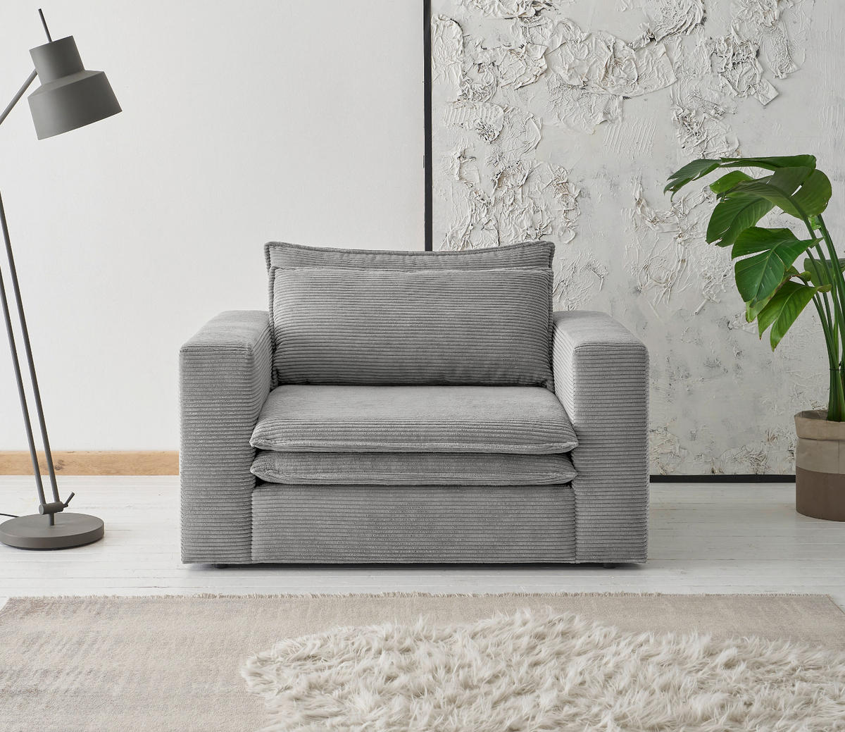 LOVESEAT hellgrau Cord, Loungesessel 125 cm - Beige/Hellgrau, Holz/Kunststoff (125/83/91cm) - Furn.Design