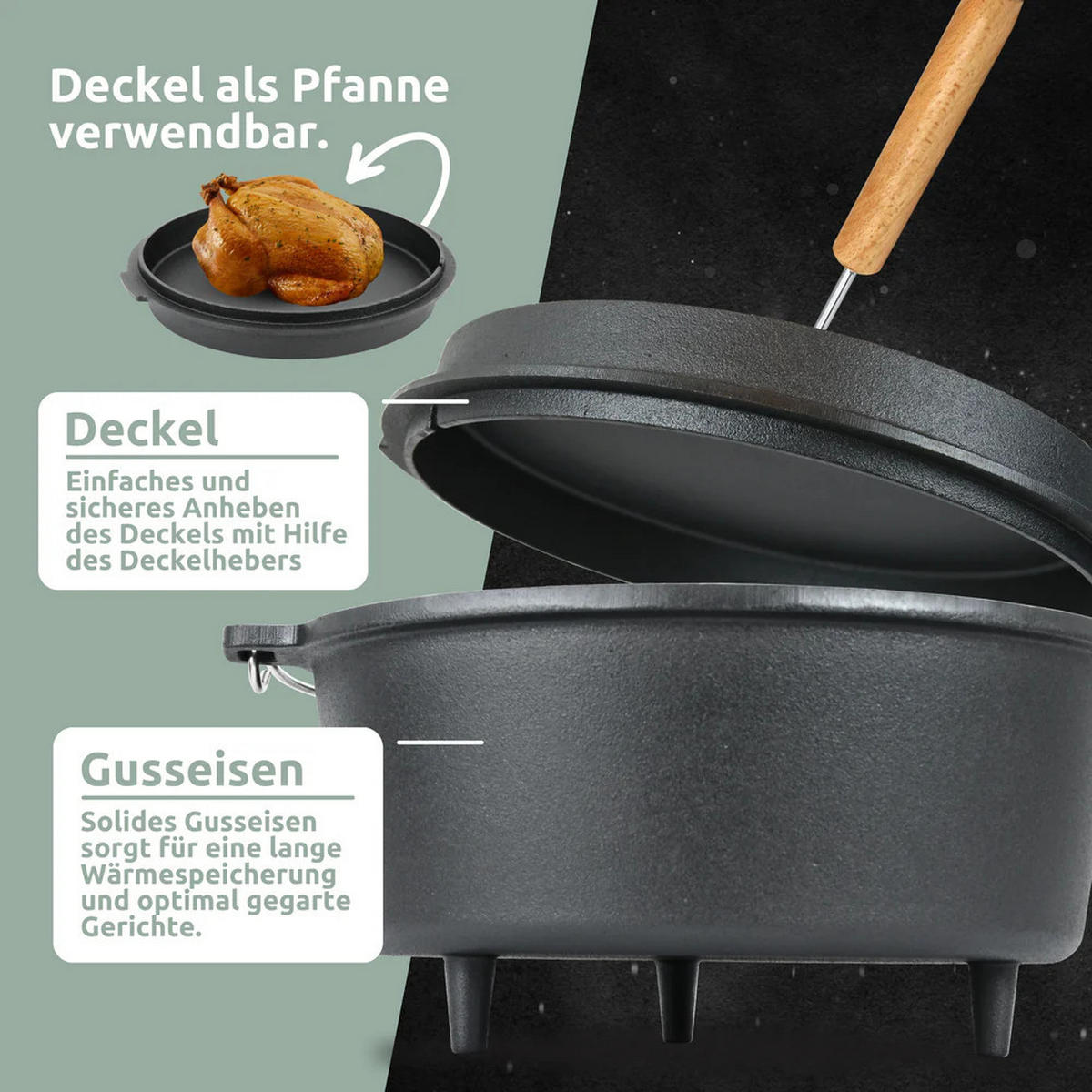 DUTCH OVEN 9 Liter Gusseisen EDOS mit Zubehör - Schwarz, Metall (31/13/31cm) - DELUKE