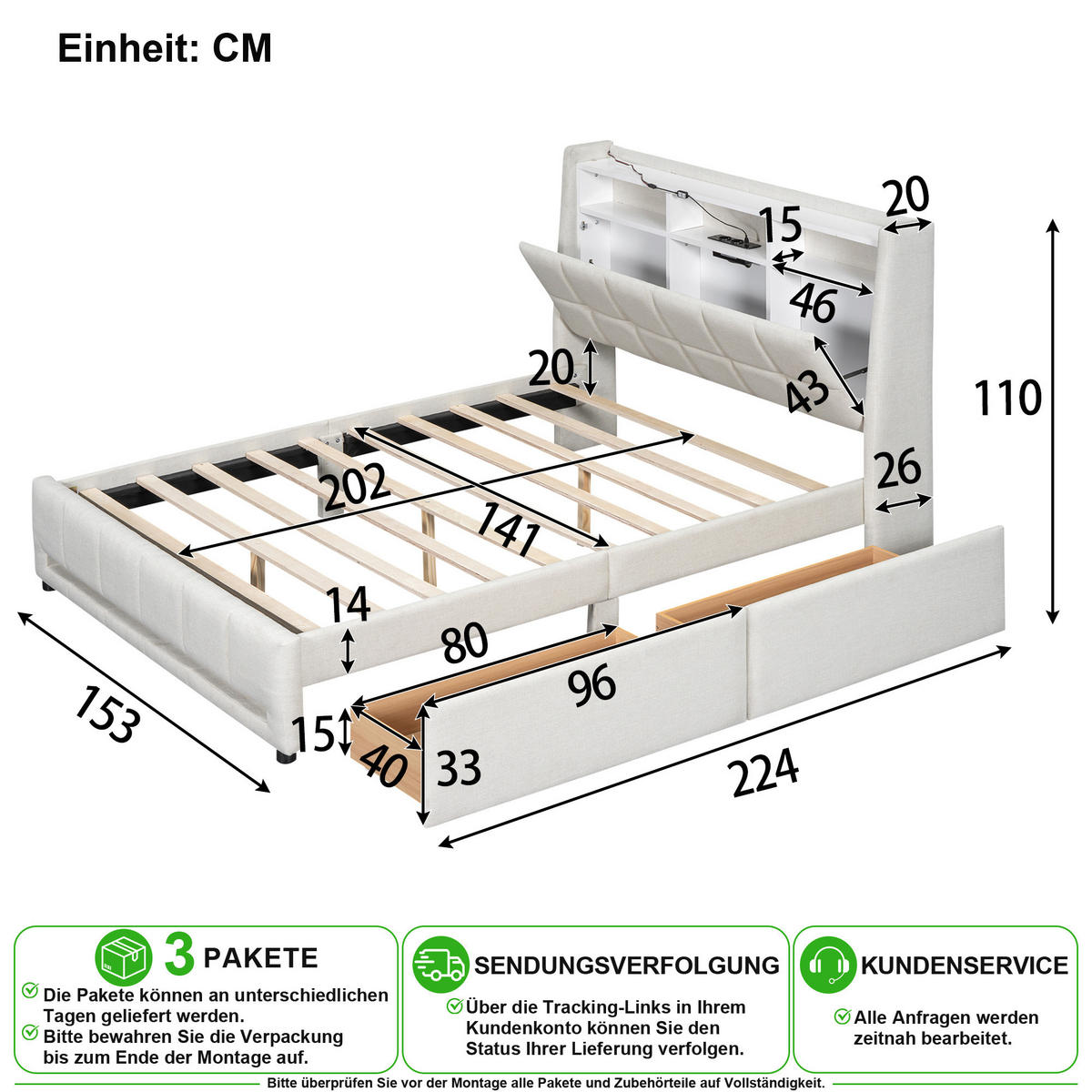 POLSTERBETT 140/200 cm in Beige Leinen mit 2 Schubladen, LED und USB - Beige, Holzwerkstoff/Textil (140/200cm) - CHICFURN