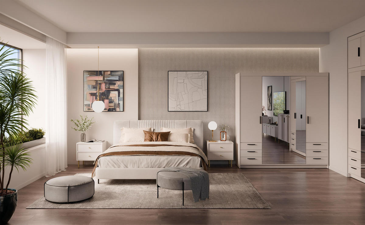 KLEIDERSCHRANK Storicos Beige 176,3/190,5/53 cm - 4T6S Modern mit Schubladen und Spiegel - Beige, Holzwerkstoff/Kunststoff (176.3/190.6/53cm) - AX Living