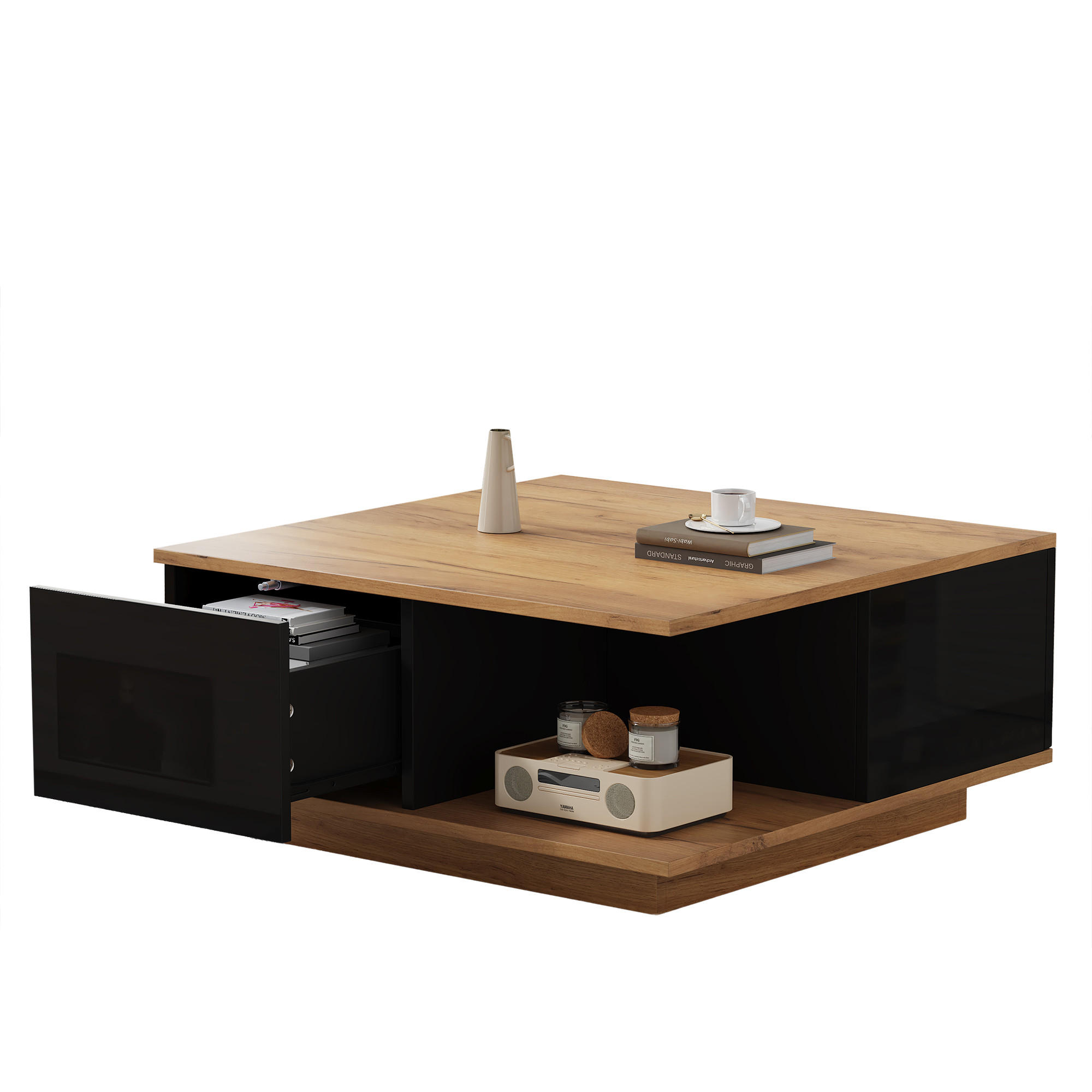 COUCHTISCH 70x70x31.5cm Schwarz Holzfarbe mit 3 Schubl. - Walnussfarben/Schwarz, Holzwerkstoff (70/70/31.5cm) - FLIEKS