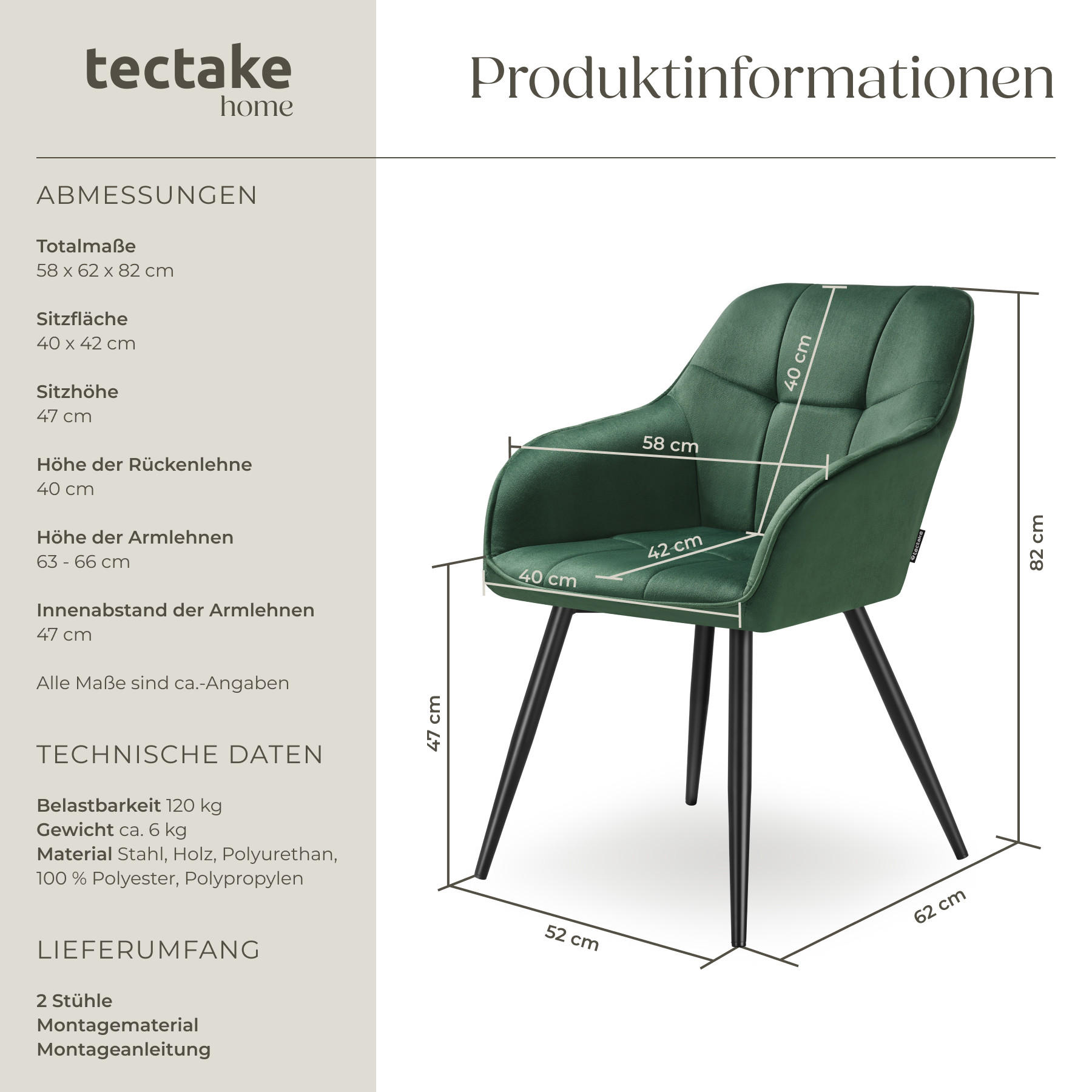 Thumbnail - tectake Esszimmerstuhl, Dunkelgrün, Schwarz, Kunststoff, Pappel, 58x82x62 cm, Esszimmer, Stühle, Esszimmerstühle, Armleh...