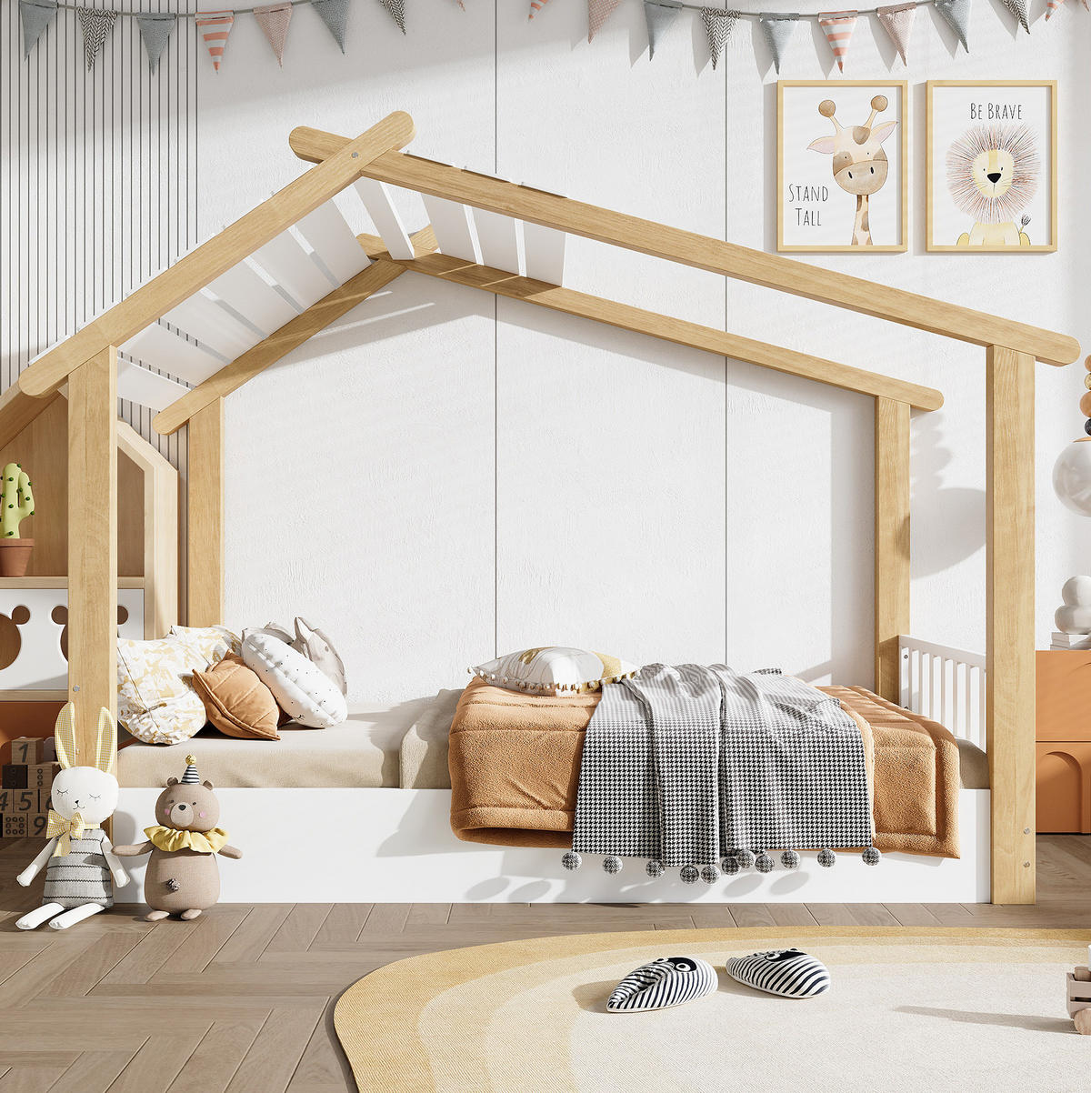 KINDERBETT 90/200 cm, Weiß/Natur mit Hausdesign, Lattenrost, ohne Matratze - Weiß, Holz (90/200cm) - MIVRAY
