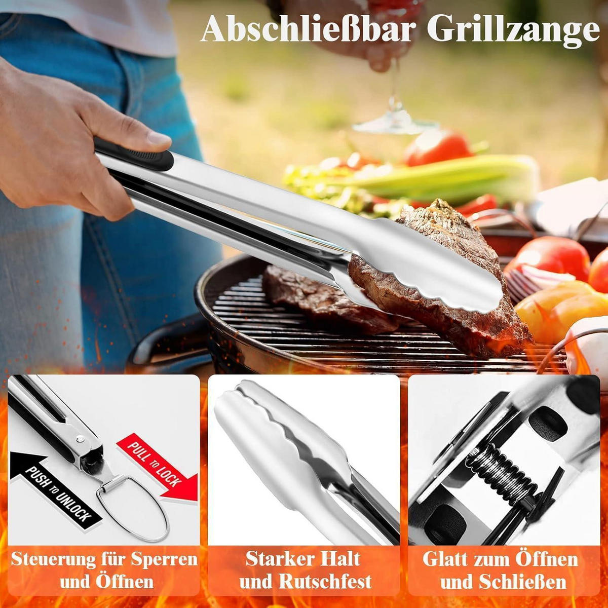 GRILLBESTECK Set 30-teilig Edelstahl mit Grillmatte und Koffer - Braun, Metall (39cm)
