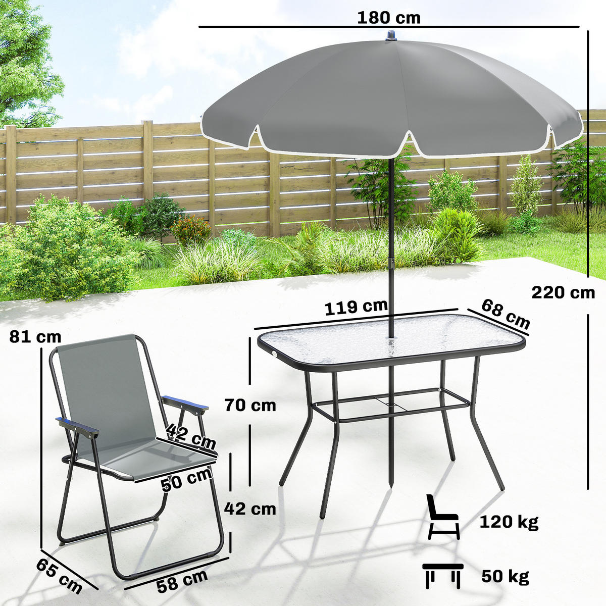 GARTEN-SET 8-teilig,Sonnenschirm+6 Klappstühle+Glastisch,grau - Grau, Metall - Vallsero