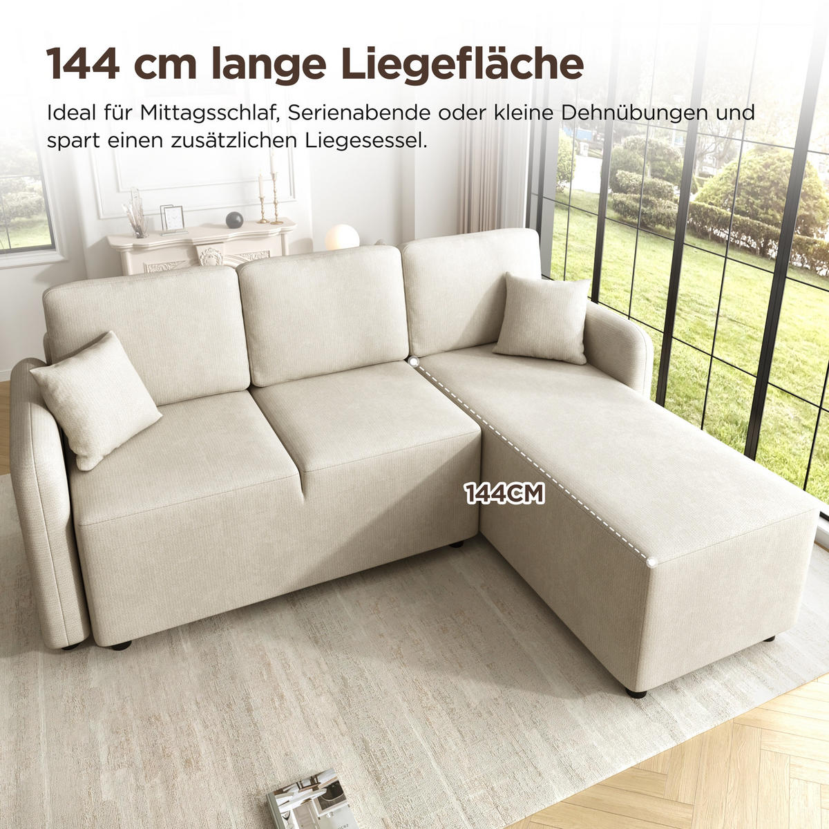 ECKSOFA 187.5/144/85.5 cm Hellbeige Chenille mit 2 Kissen - Beige, Holz/Textil (187.5/144cm) - Oxeza