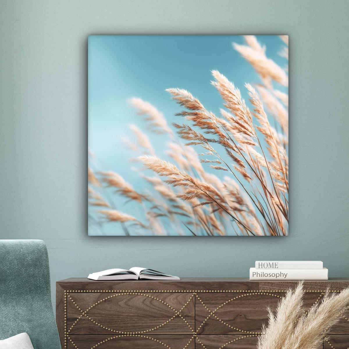 LEINWANDBILD Ziergras - Wind - Hellbraun Deko Groß 90x90 cm - Hellblau, Textil (90/90cm) - MuchoWow