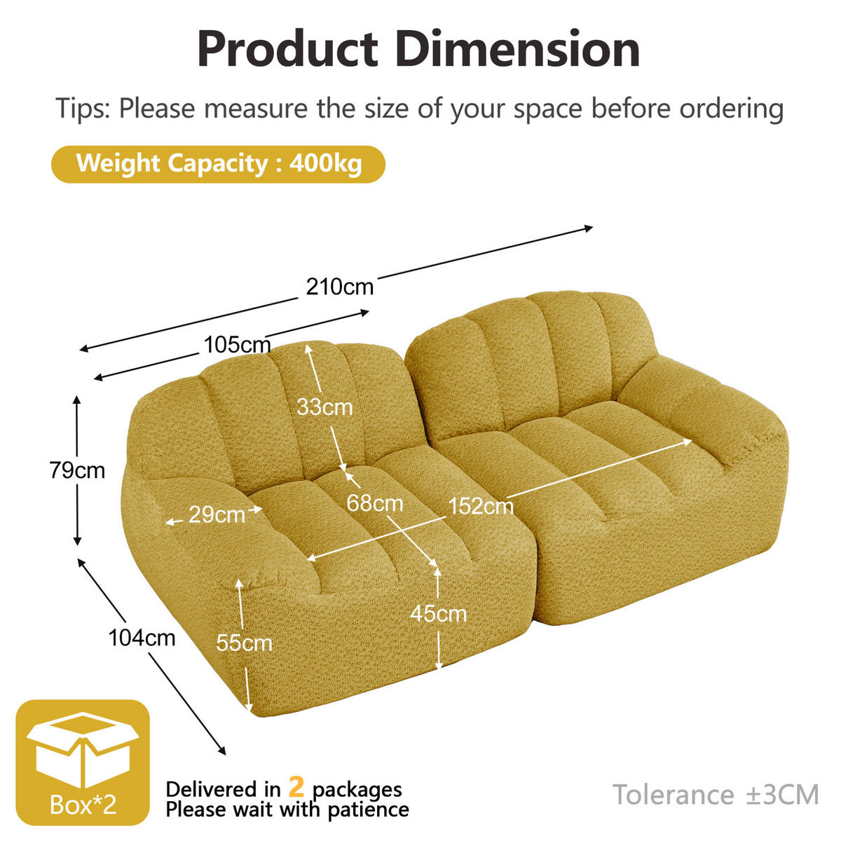 MODULARES 2-Sitzer-Sofa aus granuliertem Fleece mit ergonomischer Muschelform Gelb - Gelb, Textil (104/79/210cm) - Modenvie