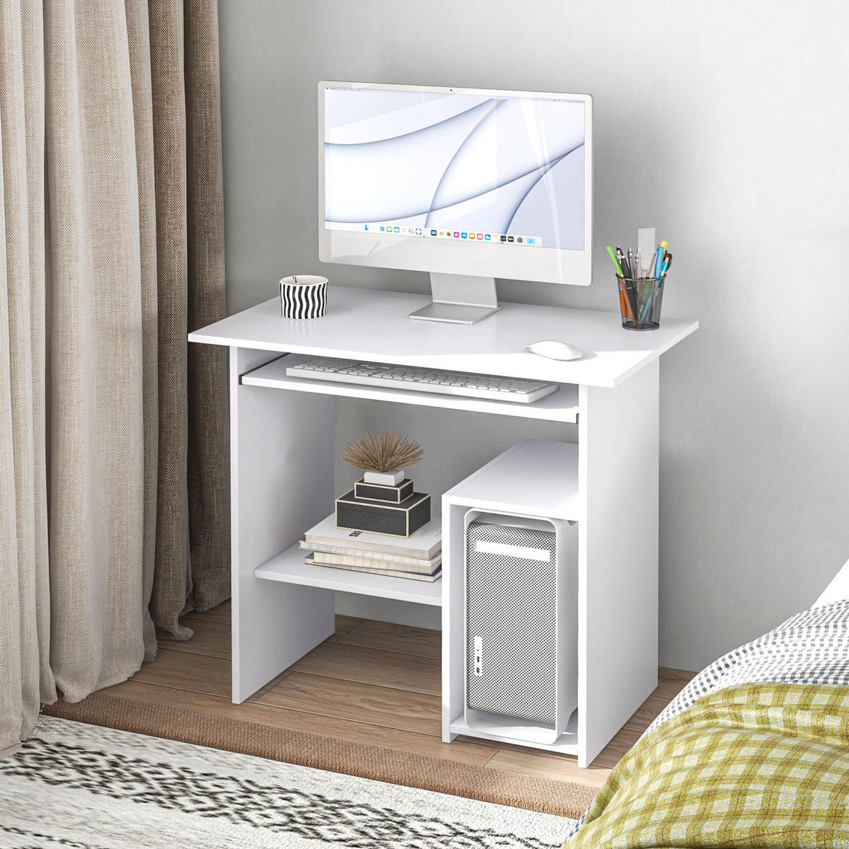 SCHREIBTISCH Weiß mit Tastaturauszug und Regalfächern 80/45/75 cm - Weiß, Holzwerkstoff (45/80/75cm) - PANGIVO